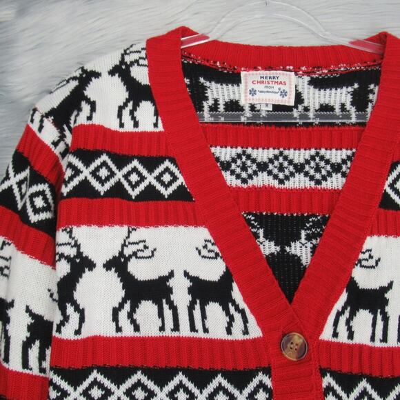 DAISYS BOUTIQUE Elk Reindeer Long Sleeves Knit Christmas Cardigan Sweater Medium - Picture 8 of 13